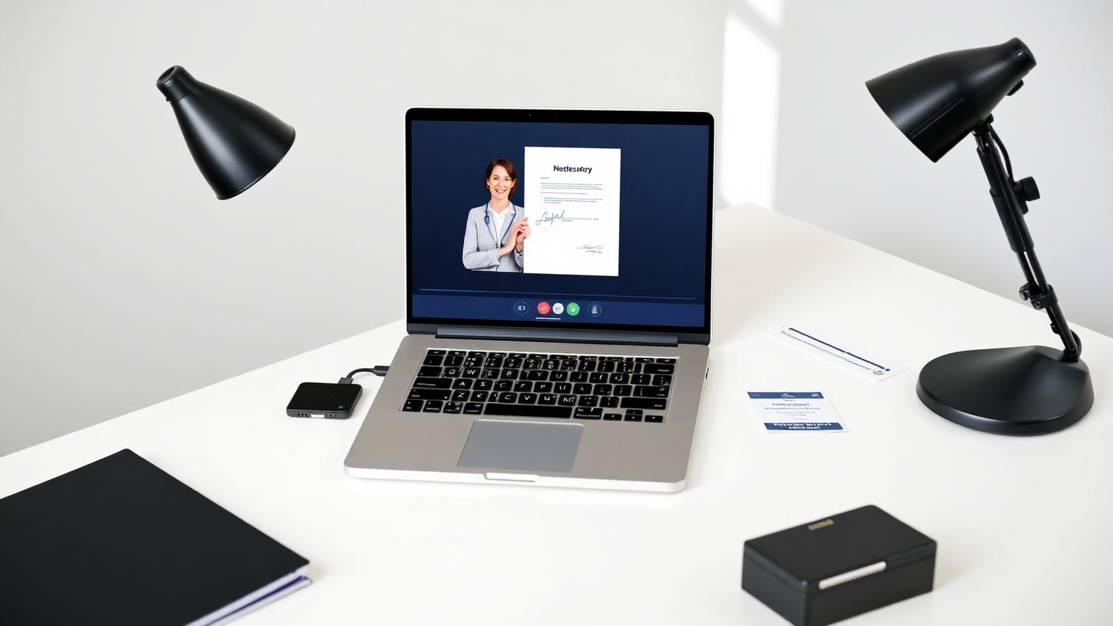 Laptop showing a secure online notarization session with a digital document