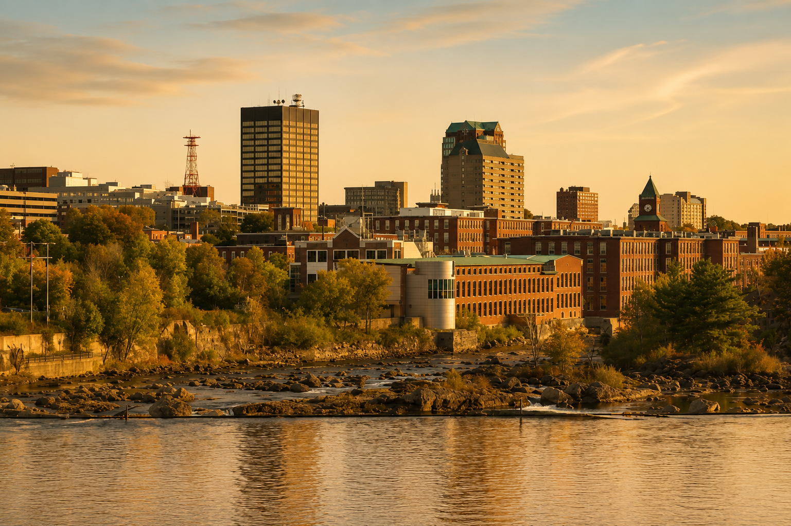 Manchester, New Hampshire skyline along the Merrimack River at golden hour