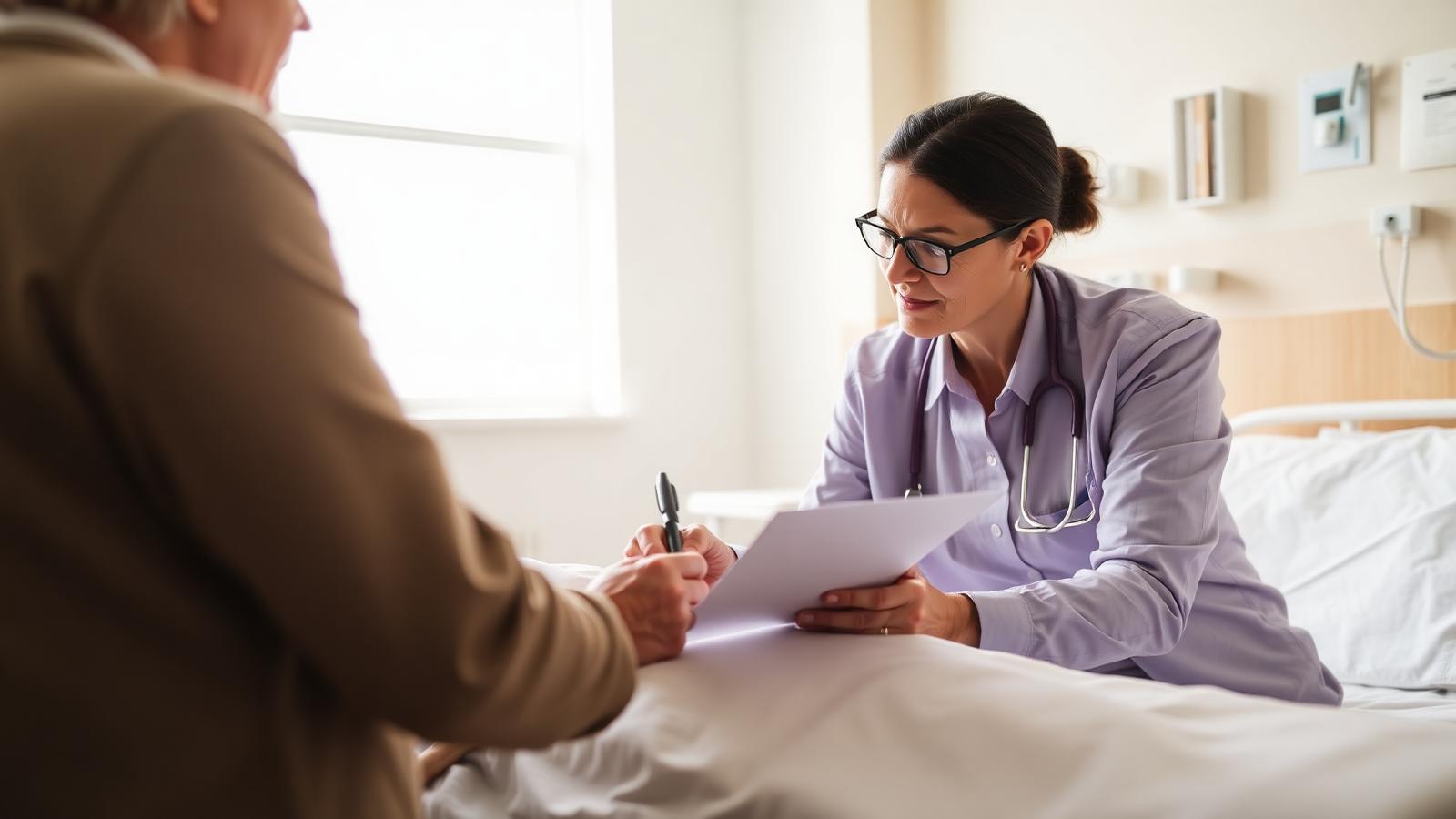 Notary assisting a patient signing documents in a bright hospital room