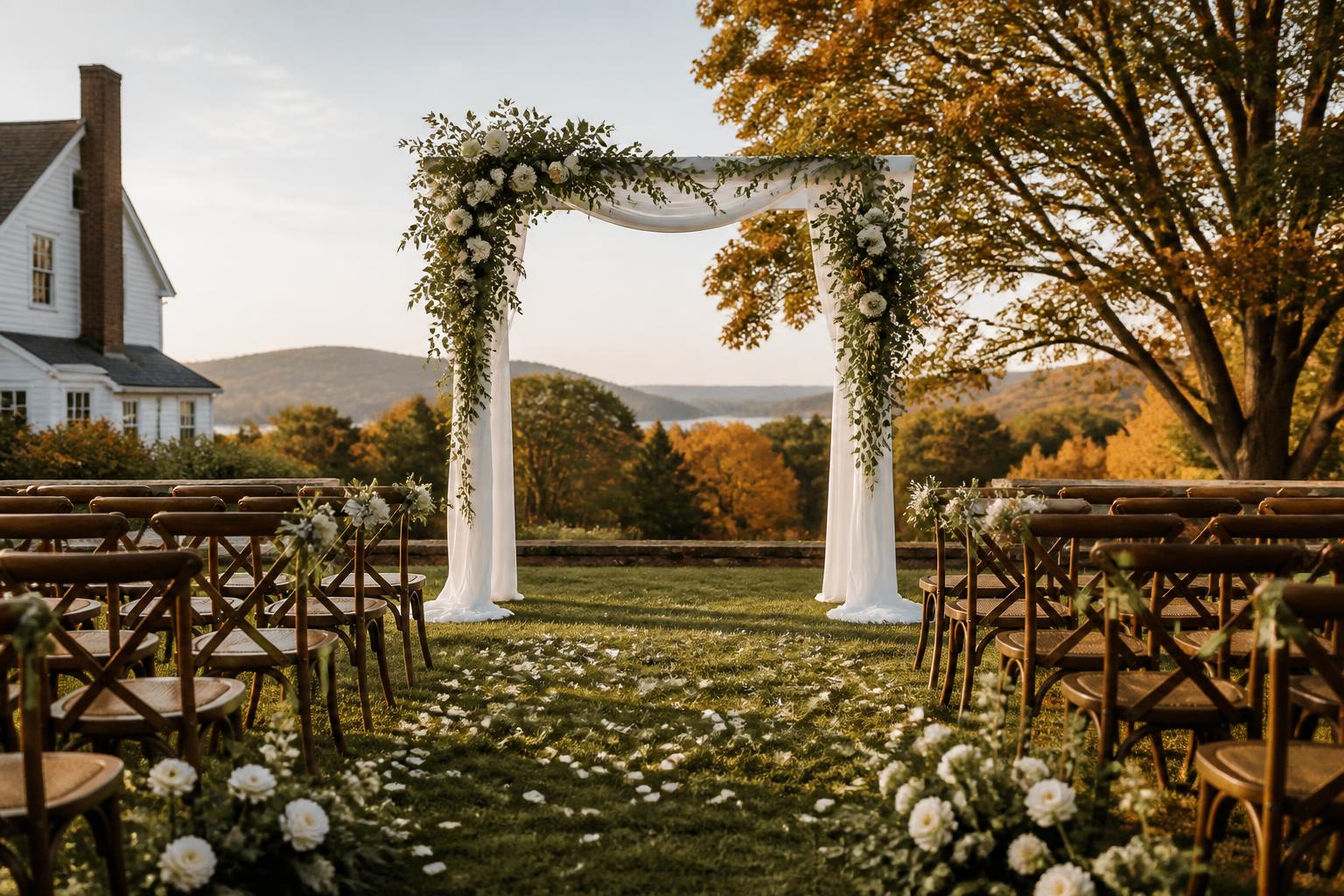 Elegant white floral wedding arch set for an outdoor New Hampshire ceremony at golden hour