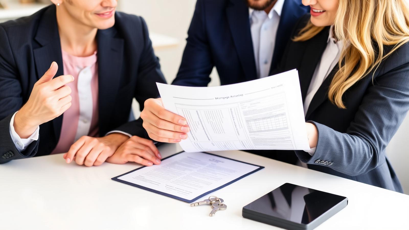 Loan signing agent reviewing a mortgage closing package with a couple