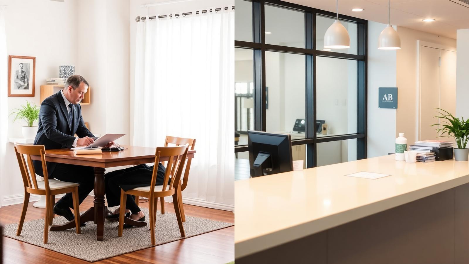 Side by side comparison of a notary visiting a client at home and a traditional office counter