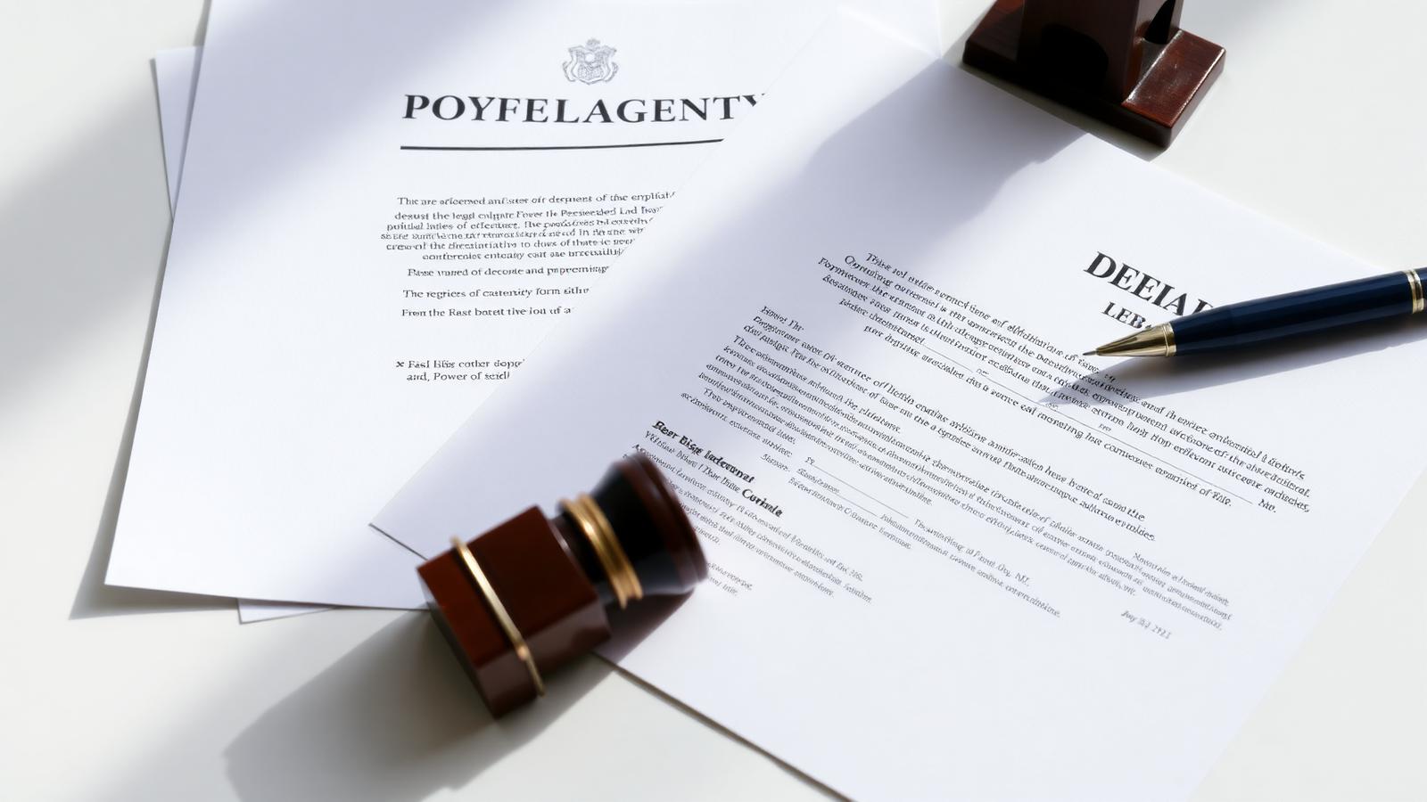 Legal documents, notary stamp and pen arranged on a white desk