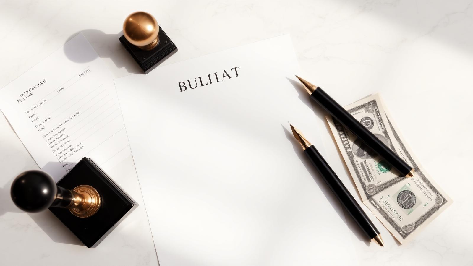 Notary price list, stamp, pens and cash on a marble desk