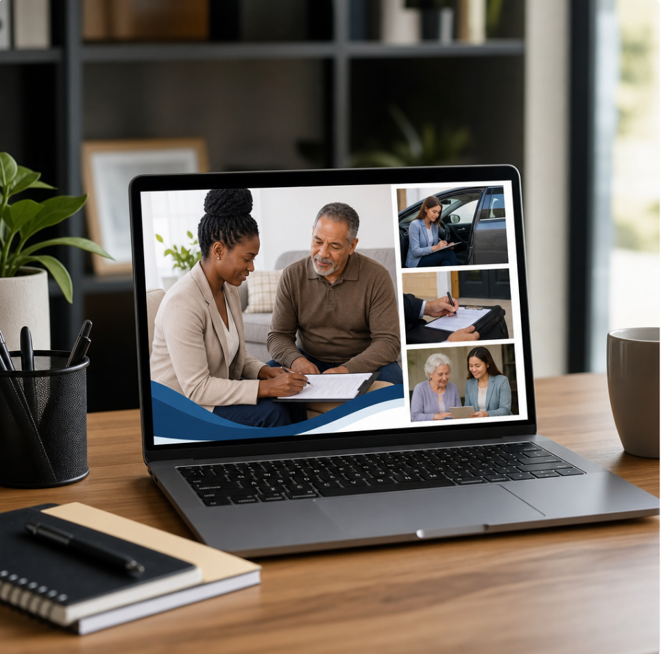 Laptop screen showing a mobile notary meeting clients in homes, offices, and hospitals across New Hampshire