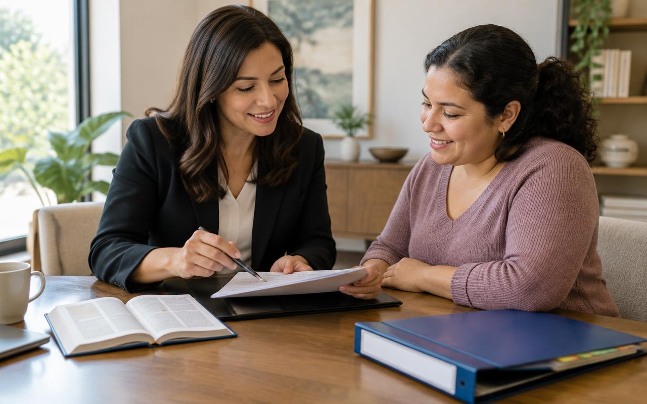 A bilingual notary explaining documents in Spanish to a client at a table