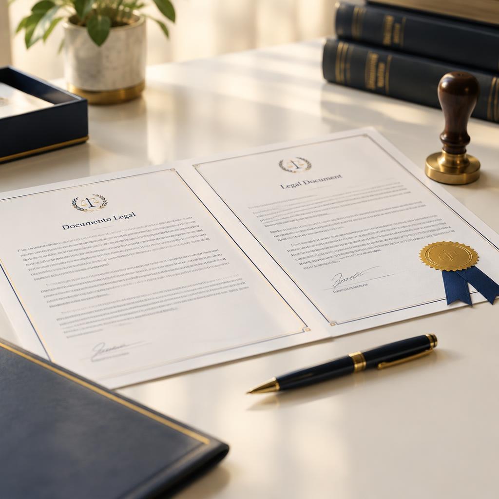 A Spanish-language legal document beside its English translation with a notary seal and stamp on a desk