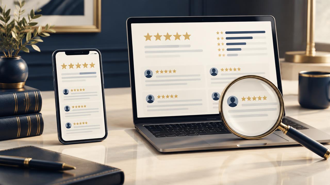 A laptop and phone showing five-star review summaries with a magnifying glass resting on the keyboard