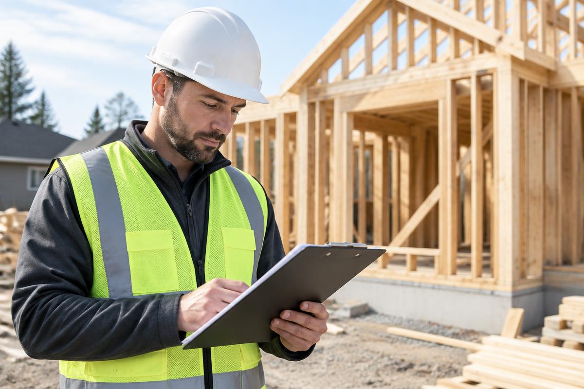 General contractor in a hard hat and safety vest reviewing paperwork on a clipboard at a residential construction site