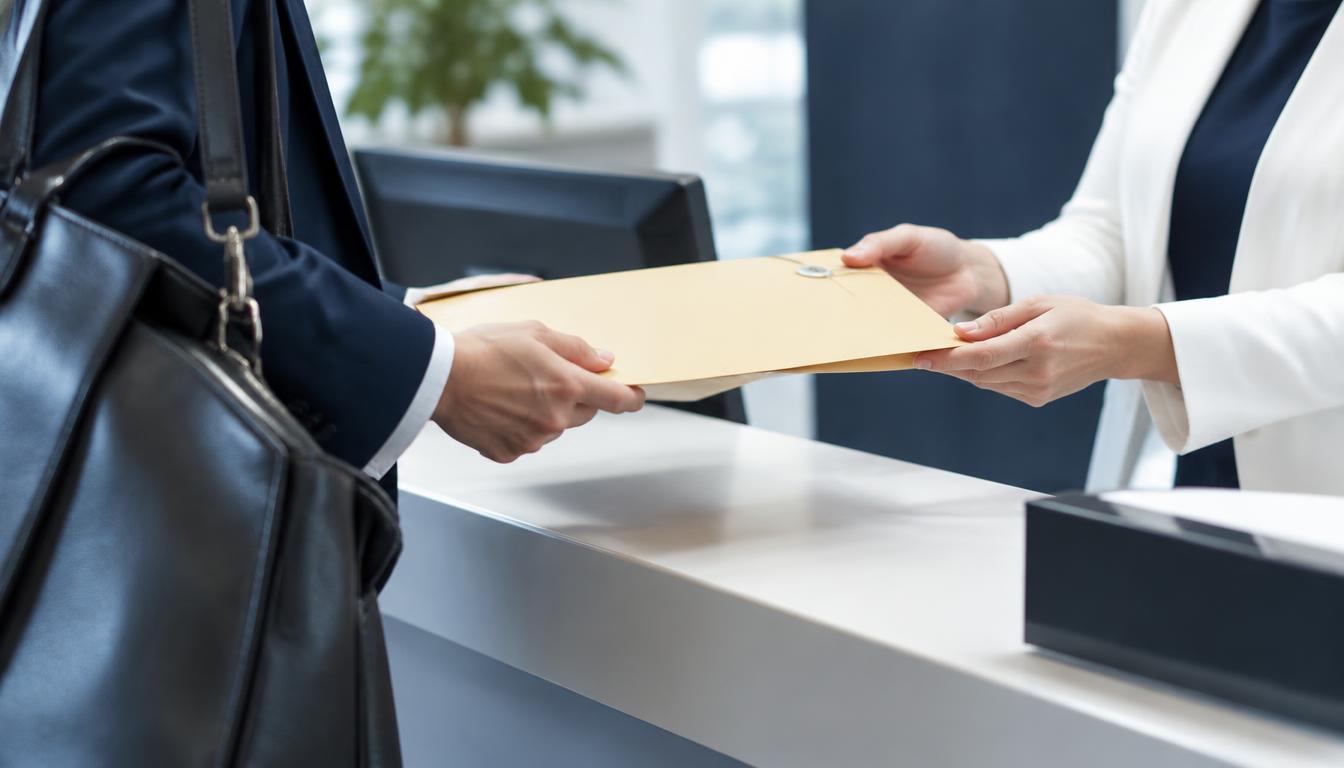 A sealed document envelope being hand-delivered at an office reception desk