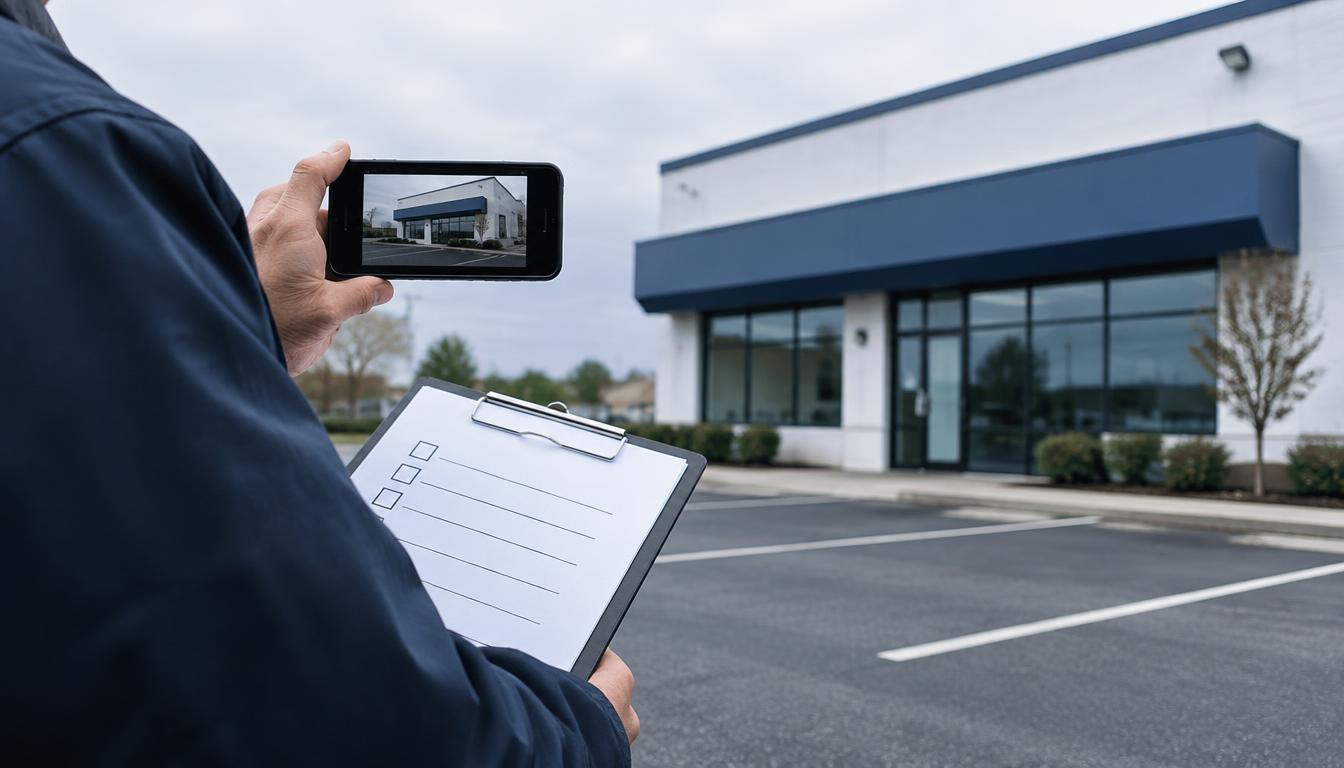 A field inspector photographing a commercial building exterior with a checklist in hand