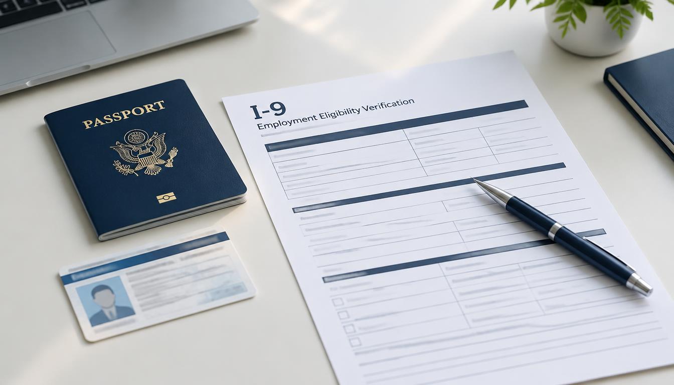 Form I-9 employment eligibility verification on a desk beside a passport and photo ID