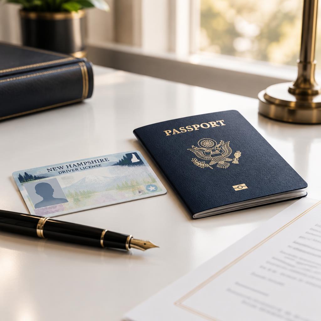 A New Hampshire driver's license and a passport on a desk beside a document and a fountain pen