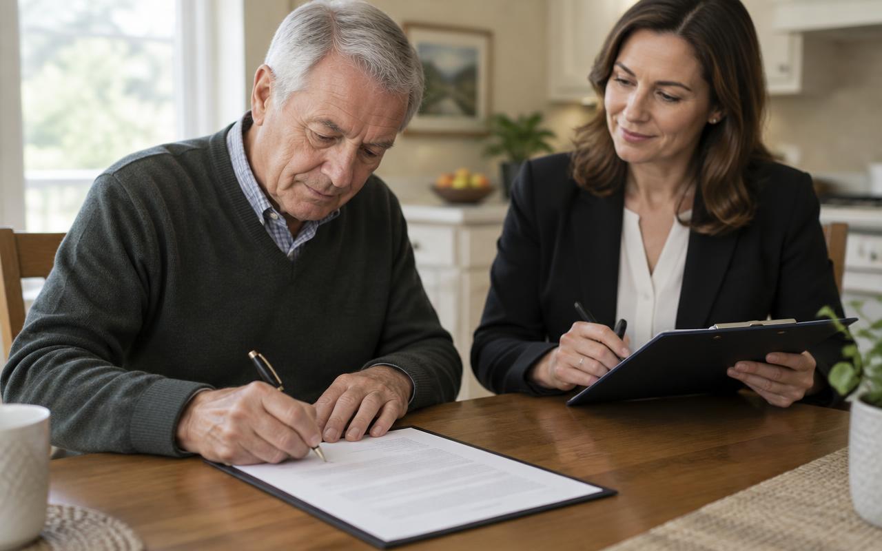 A New Hampshire resident signing power of attorney paperwork at a kitchen table while a notary observes