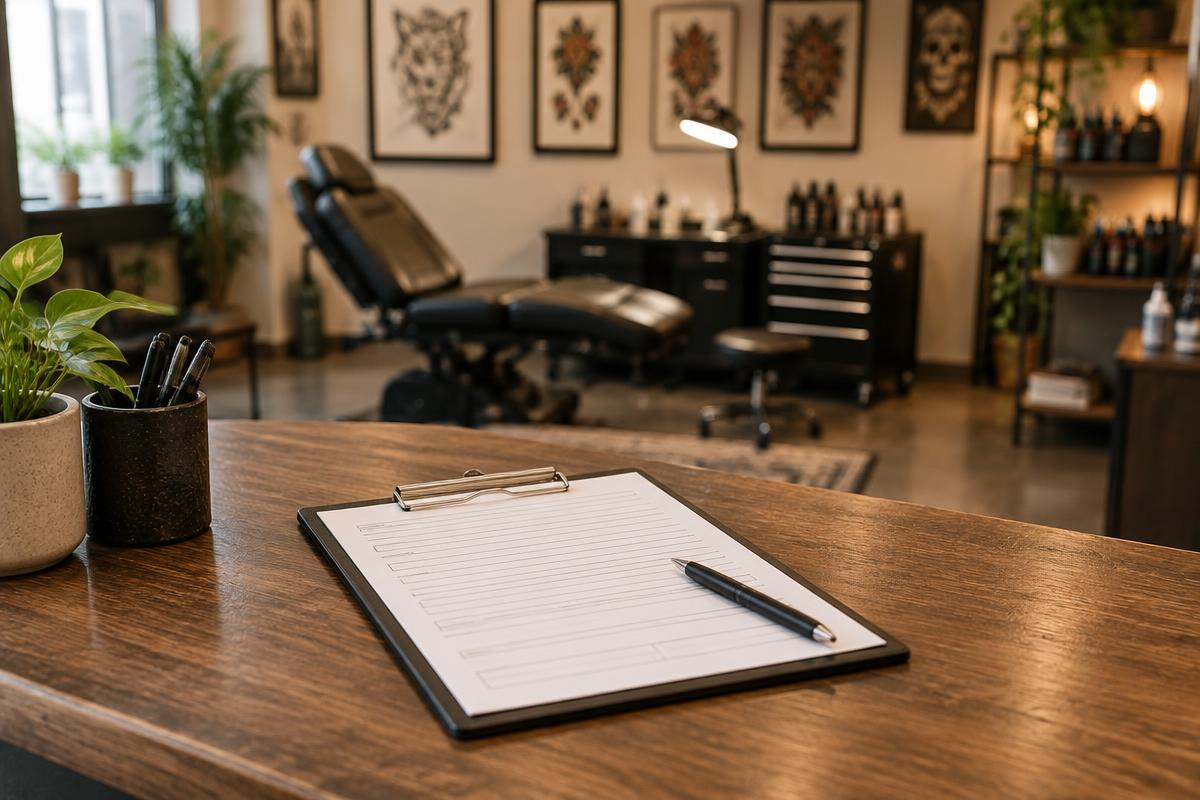 Clipboard with a consent form and pen on the front desk of a tattoo studio, artist workspace in the background