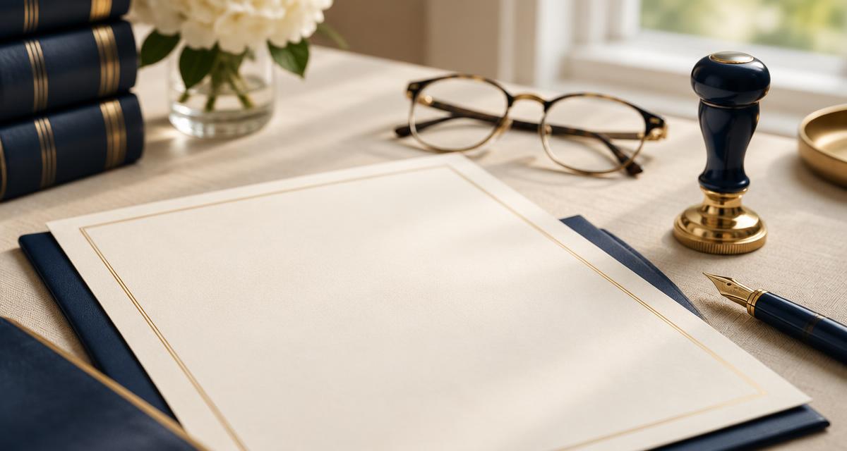 A blank document, navy notary seal stamp, gold fountain pen, and reading glasses on a cream desk