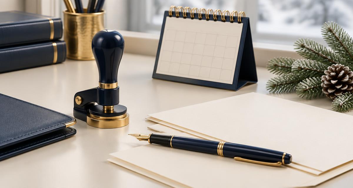 Navy notary stamp and gold-accented pen beside cream documents, a small blank calendar, and winter evergreen touches on a desk